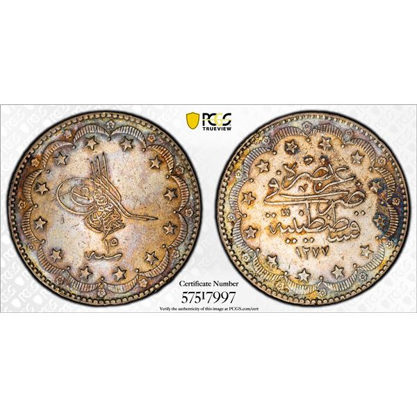 OTTOMAN: TURKEY: Abdul Aziz, 1861-1876, AR 20 kurush, Kostantiniye, AH1277 year 15, PCGS AU53