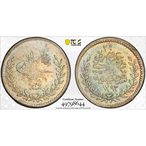 OTTOMAN: TURKEY: Abdul Hamid II, 1876-1909, AR 20 para, Kostantiniye, AH1293 year 8 (1883), PCGS MS6