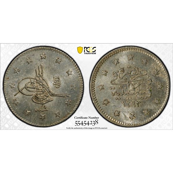 OTTOMAN: TURKEY: Abdul Hamid II, 1876-1909, AR 2 kurush, Kostantiniye, AH1293 year 9 (1884), PCGS MS