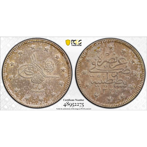 OTTOMAN: TURKEY: Mehmet V, 1909-1918, AR 2 kurush, Kostantiniye, AH1327 year 7, PCGS AU55