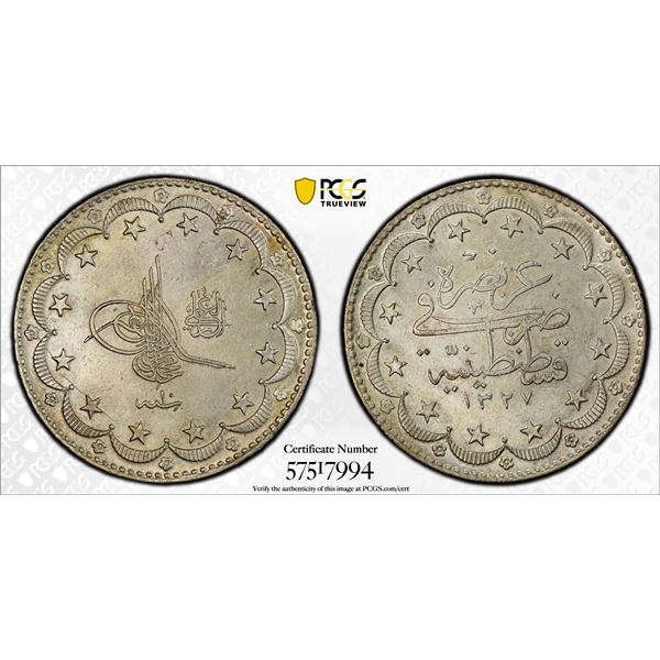 OTTOMAN: TURKEY: Mehmet V, 1909-1918, AR 20 kurush, Kostantiniye, AH1327 year 10, PCGS AU details