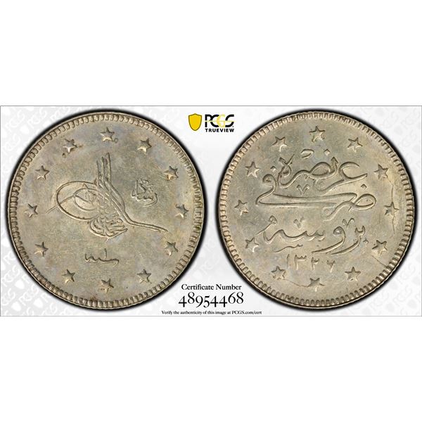 OTTOMAN: TURKEY: Mehmet V, 1909-1918, AR 2 kurush, Bursa, AH1327 year 1, PCGS MS62