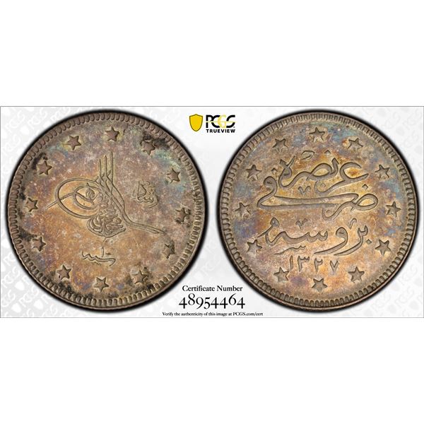 OTTOMAN: TURKEY: Mehmet V, 1909-1918, AR 2 kurush, Bursa, AH1327 year 1, PCGS AU58