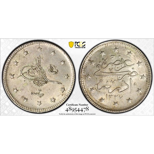 OTTOMAN: TURKEY: Mehmet V, 1909-1918, AR 2 kurush, Edirne, AH1327 year 2, PCGS MS62