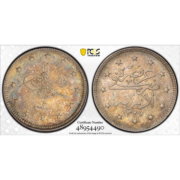 OTTOMAN: TURKEY: Mehmet V, 1909-1918, AR 2 kurush, Edirne, AH1327 year 2, PCGS AU58