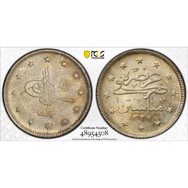 OTTOMAN: TURKEY: Mehmet V, 1909-1918, AR 2 kurush, Manastir, AH1327 year 3, PCGS MS63