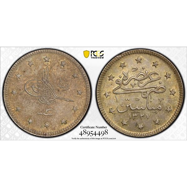 OTTOMAN: TURKEY: Mehmet V, 1909-1918, AR 2 kurush, Manastir, AH1327 year 3, PCGS AU58