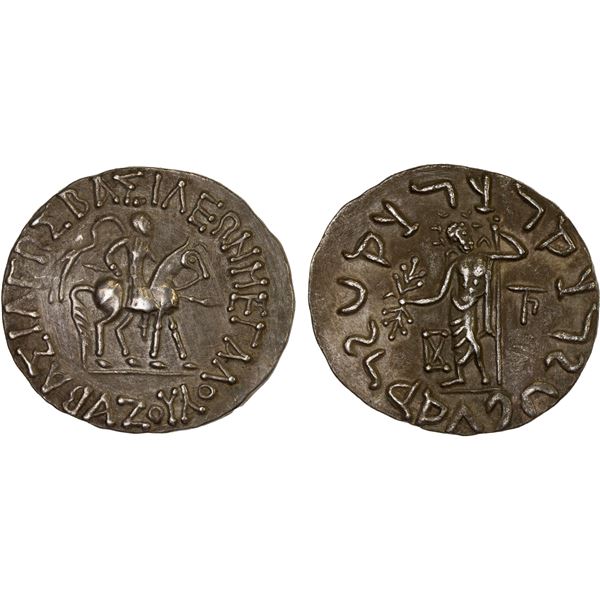 INDO-SCYTHIAN: Azes, ca. 58-12 BC, AR tetradrachm (9.29g), XF