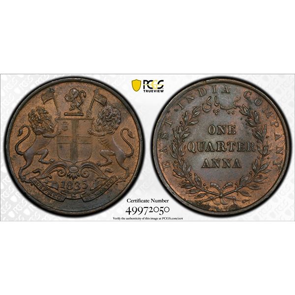 BRITISH INDIA: William IV, 1830-1837, AE 1/4 anna, 1835(c), PCGS MS63 BN