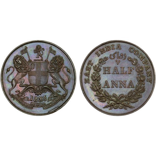 BRITISH INDIA: William IV, 1830-1837, AE half anna, 1835(b), Unc