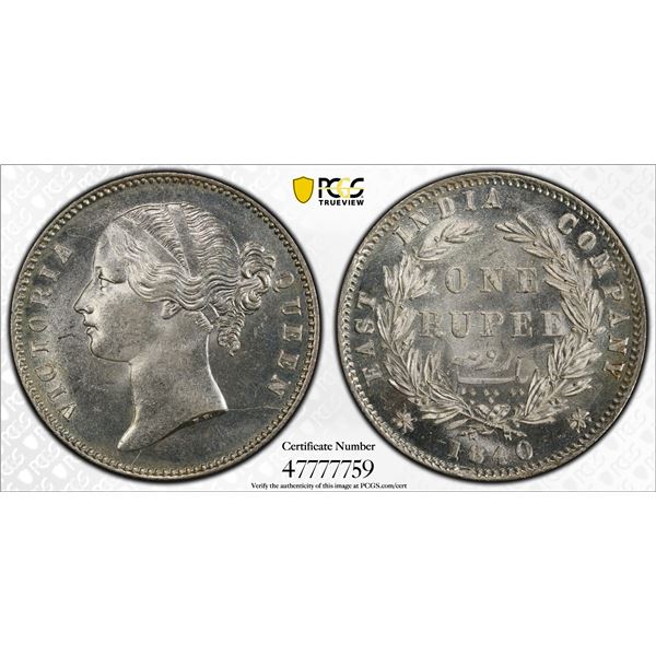 BRITISH INDIA: Victoria, Queen, 1837-1876, AR rupee, 1840b&c, PCGS MS63