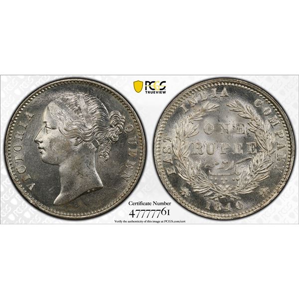 BRITISH INDIA: Victoria, Queen, 1837-1876, AR rupee, 1840b&c, PCGS MS63