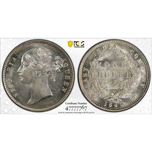 BRITISH INDIA: Victoria, Queen, 1837-1876, AR rupee, 1840b&c, PCGS AU58