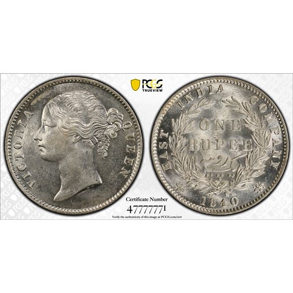 BRITISH INDIA: Victoria, Queen, 1837-1876, AR rupee, 1840b&c, PCGS Scratch Unc Details