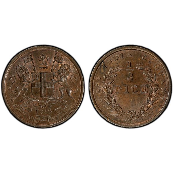BRITISH INDIA: Victoria, Queen, 1837-1876, AE 1/2 pice, 1853(c), PCGS MS64
