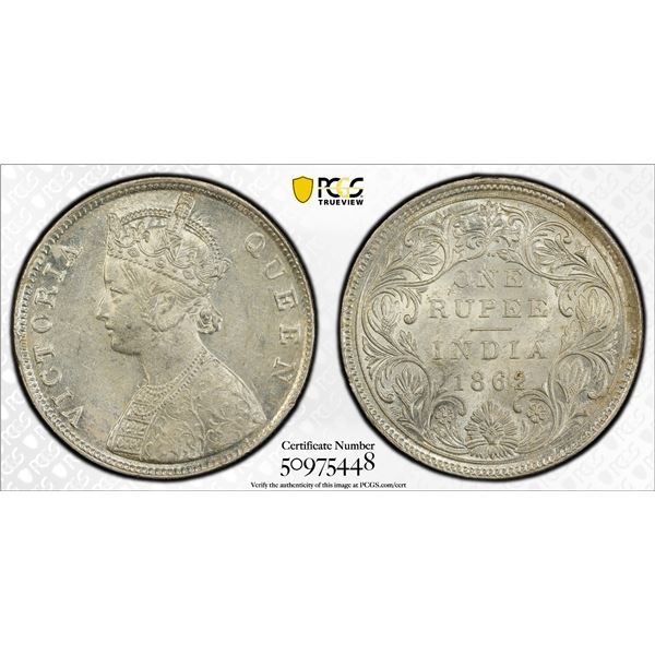 BRITISH INDIA: Victoria, Queen, 1837-1876, AR rupee, 1862(b), PCGS MS61