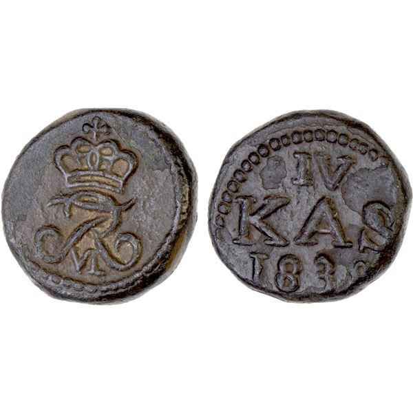 DANISH INDIA: Frederick VI, 1808-1839, AE 4 cash (2.54g), Tranquebar, 1838, VF-XF