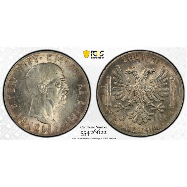 ALBANIA: Vittorio Emanuele, 1939-1943, AR 10 lek, 1939-R year XVII, PCGS MS62