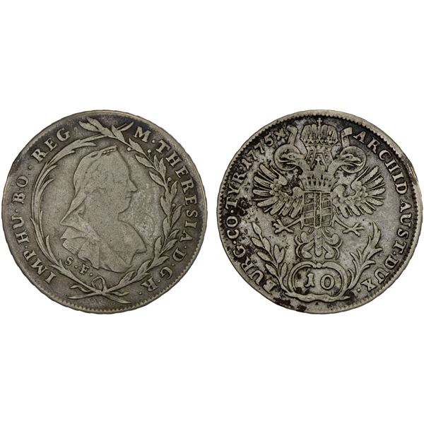 AUSTRIA: BURGAU: Maria Theresa, 1740-1780, AR 10 kreuzer, 1775, VF