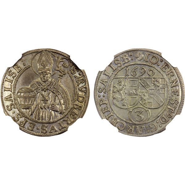 AUSTRIA: SALZBURG: Johann Ernst von Thun, 1667-1709, AR 3 kreuzer, 1690, NGC MS64