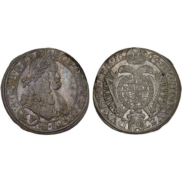 AUSTRIA: Leopold I, 1657-1705, AR 15 kreuzer (6.87g), Vienna, 1664, XF-AU