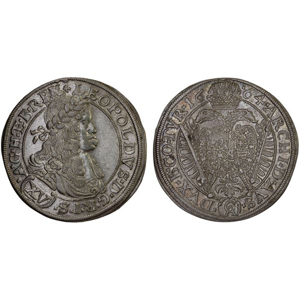 AUSTRIA: Leopold I, 1657-1705, AR 15 kreuzer (6.23g), Vienna, 1664, Choice XF
