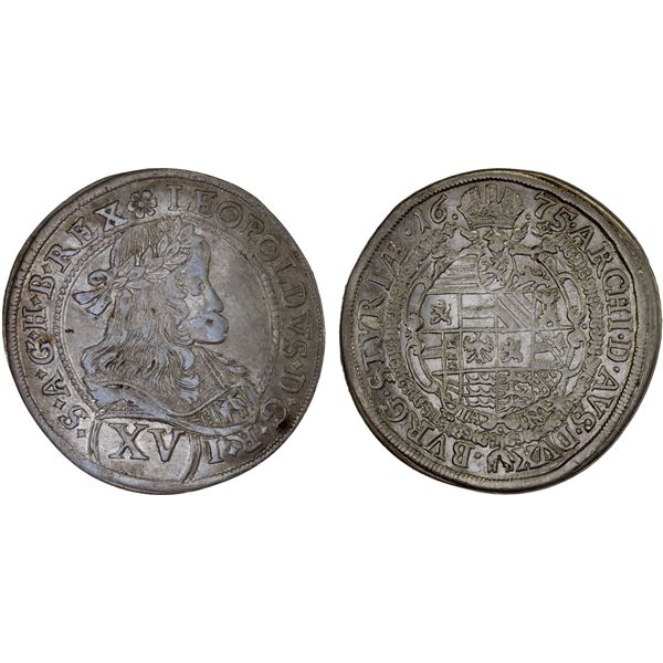 AUSTRIA: Leopold I, 1657-1705, AR 15 kreuzer (5.75g), Graz, 1675, XF