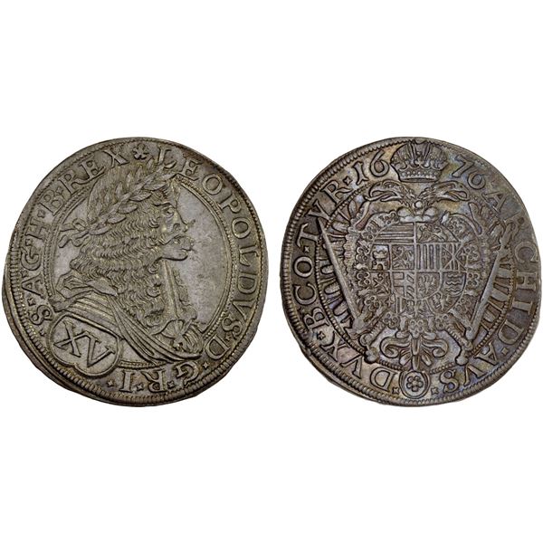 AUSTRIA: Leopold I, 1657-1705, AR 15 kreuzer (6.35g), Vienna, 1676, Choice XF