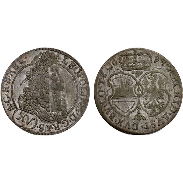 AUSTRIA: Leopold I, 1657-1705, AR 15 kreuzer (6.31g), Hall, 1694, XF-AU