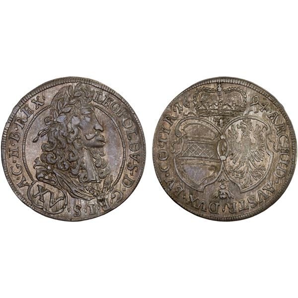 AUSTRIA: Leopold I, 1657-1705, AR 15 kreuzer (6.07g), Hall, 1694, XF-AU