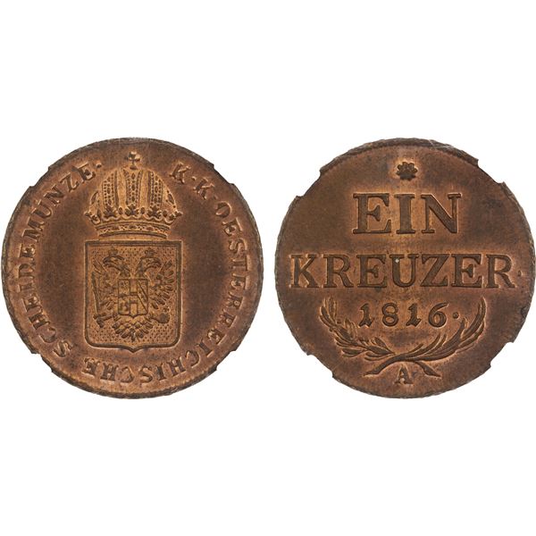 AUSTRIA: Franz I, 1804-1835, AE kreuzer, 1816-A, NGC MS65 RB