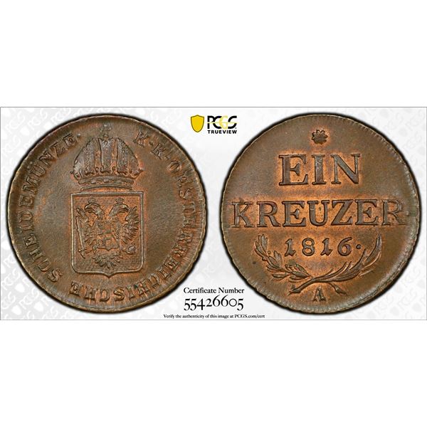 AUSTRIA: Franz I, 1804-1835, AE kreuzer, 1816-A, PCGS MS64 BN