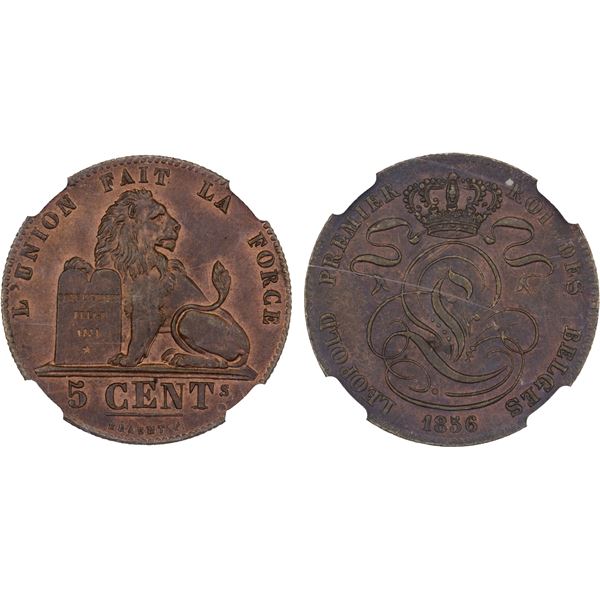 BELGIUM: Leopold I, 1831-1865, AE 5 centimes, 1856, NGC MS65 RB