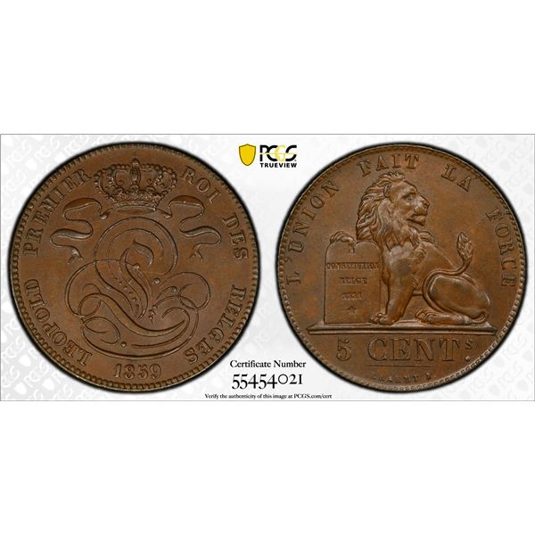 BELGIUM: Leopold I, 1831-1865, AE 5 centimes, 1859, PCGS MS62 BN