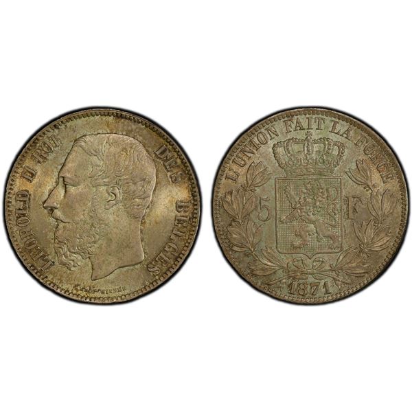 BELGIUM: Leopold II, 1865-1909, AR 5 francs, 1871, PCGS MS64