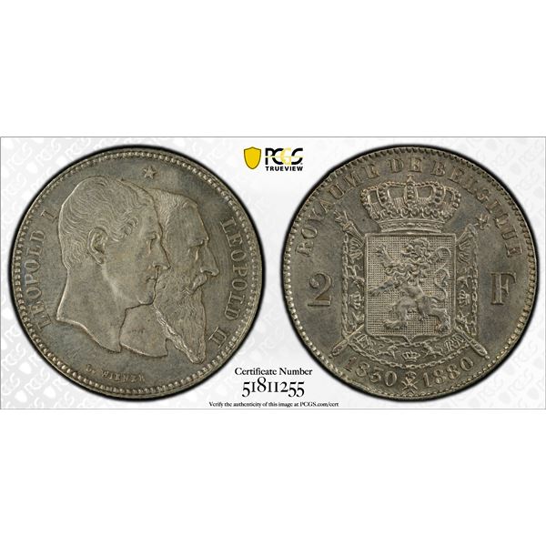 BELGIUM: Leopold II, 1865-1909, AR 2 francs, 1880, PCGS MS63