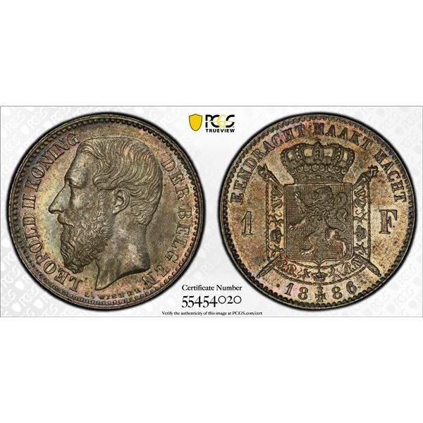 BELGIUM: Leopold II, 1865-1909, AR franc, 1886, PCGS MS62