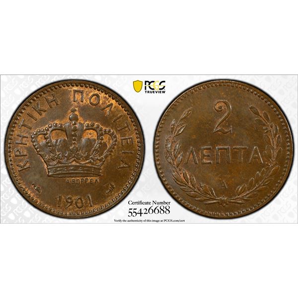 CRETE: George, 1901-1913, AE 2 lepta, 1901-A, PCGS MS64 BN
