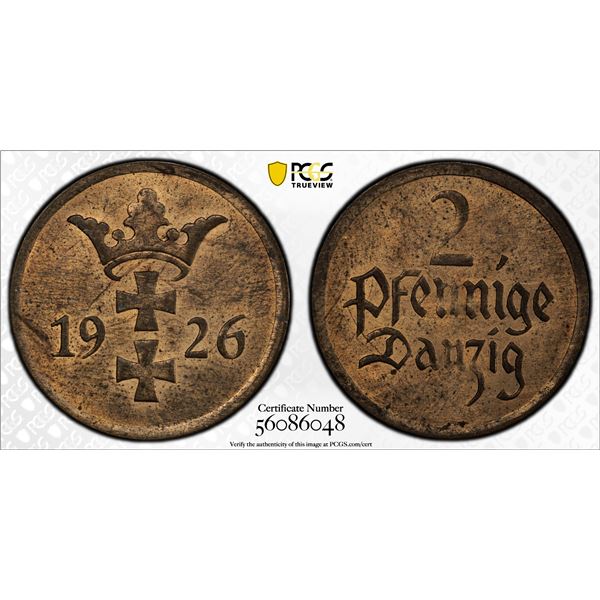 DANZIG: Free City, AE 2 pfennig, 1926, PCGS MS64 RB