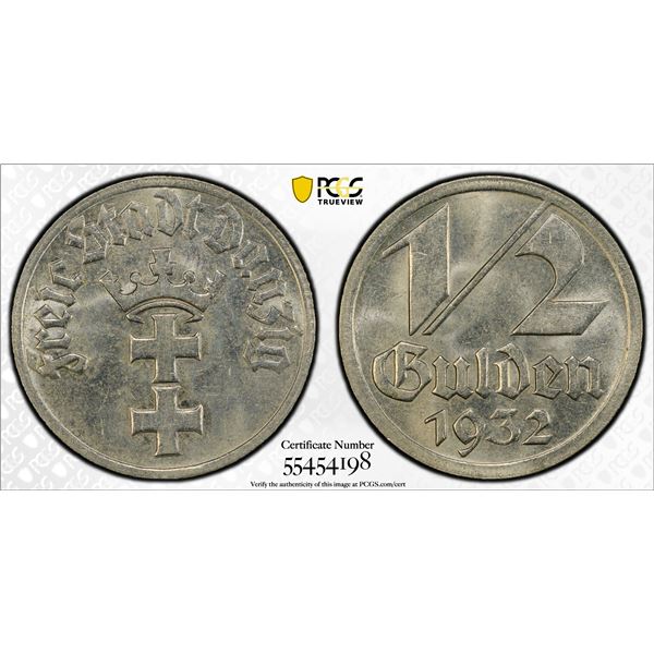 DANZIG: Free City, 1/2 gulden, 1932, PCGS MS62