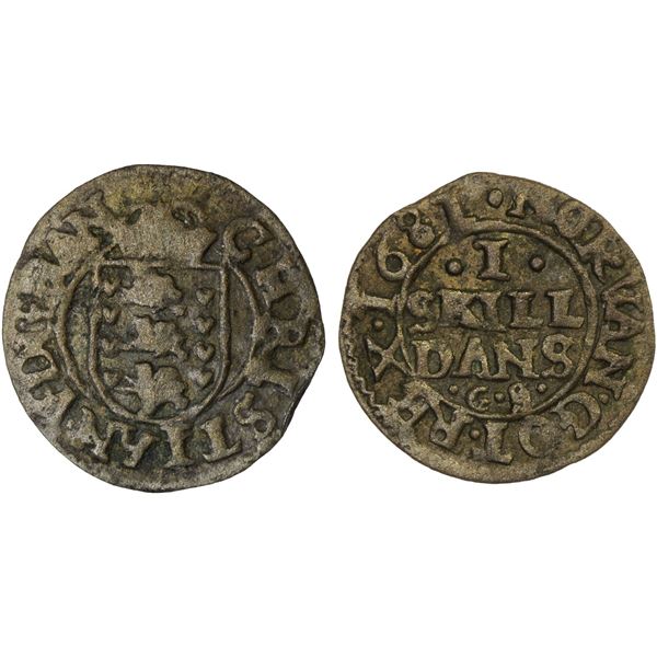 DENMARK: Christian V , 1670-1699, AR skilling (0.83g), 1681, Choice VF