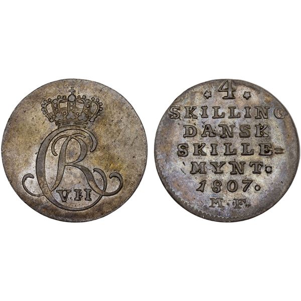 DENMARK: Christian VII, 1766-1808, BI 4 skilling, 1807, XF-AU