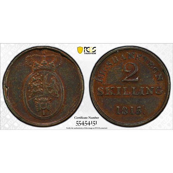 DENMARK: Frederik VI, 1808-1839, AE 2 skilling, 1815, PCGS AU55