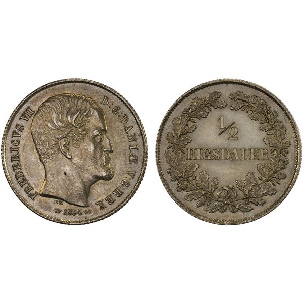 DENMARK: Frederik VII, 1848-1863, AR 1/2 rigsdaler, Copenhagen, 1854, AU