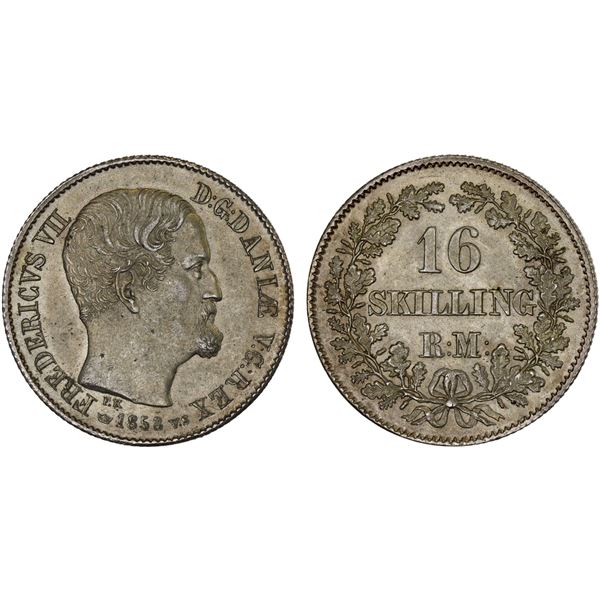 DENMARK: Frederik VII, 1848-1863, AR 16 skilling rigsmønt, 1858, Choice AU