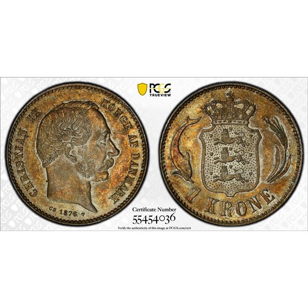 DENMARK: Christian IX, 1863-1906, AR krone, 1876, PCGS MS64