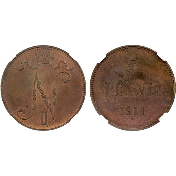 FINLAND: Nicholas II, Grand Duke, 1894-1917, AE 5 penniä, 1911, NGC MS64 RB