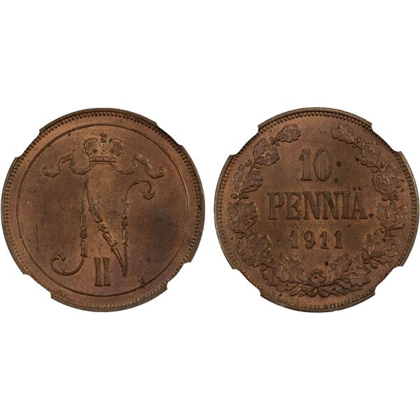 FINLAND: Nicholas II, Grand Duke, 1894-1917, AE 10 penniä, 1911, NGC MS64 RB