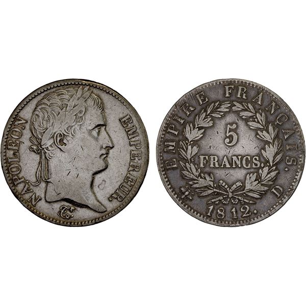 FRANCE: Napoleon I, 1804-1814, AR 5 francs, Lyon, 1812-D, VF