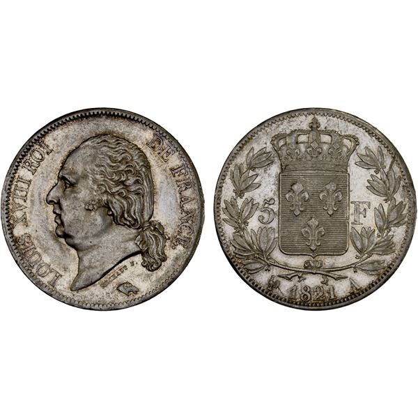 FRANCE: Louis XVIII, 1814-1815, 1815-1824, AR 5 francs, 1821-A, XF